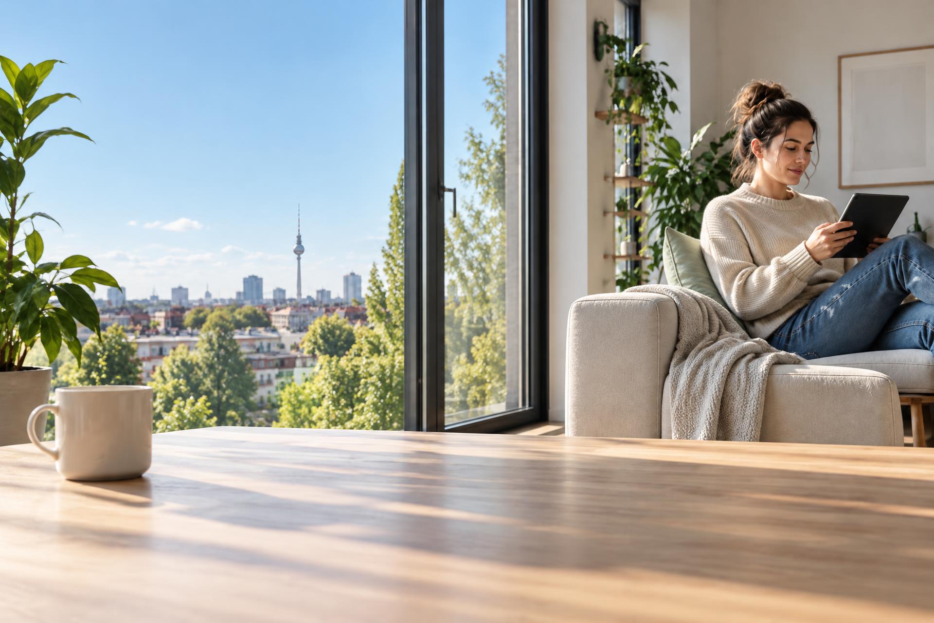 Ein ruhiger Moment im hellen Zuhause mit Blick über Berlin